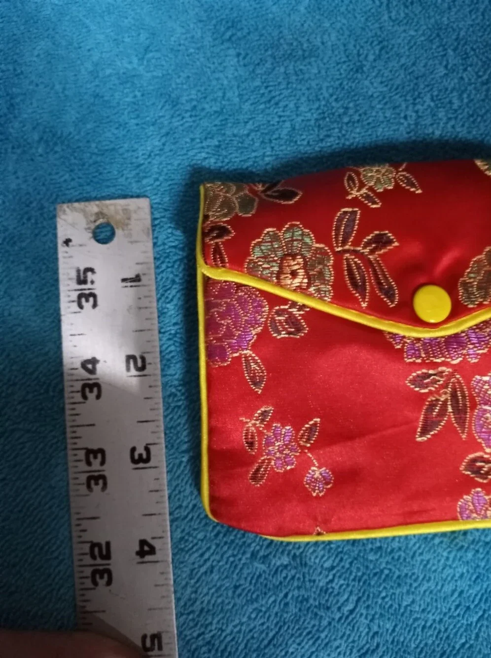 Red Floral Satin Envelope Clutch with Yellow Trim - Zipper